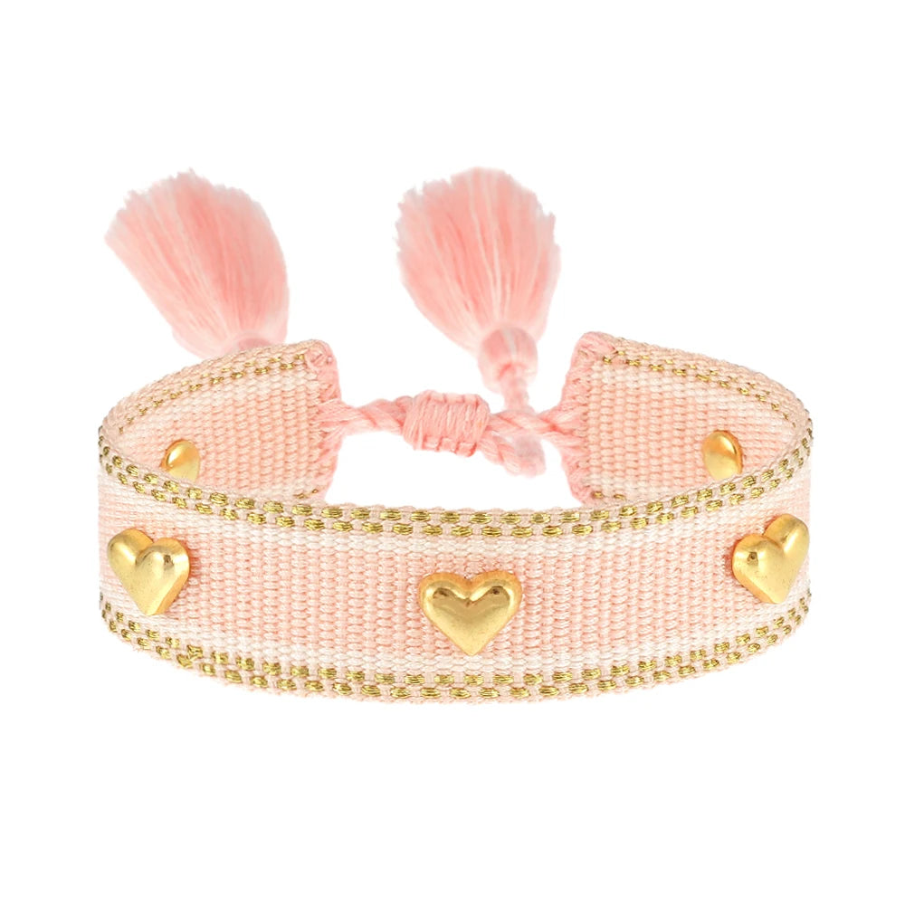 Kawaii Heart Studded Woven Bracelet 🌈✨ | Vintage Tassel Charm for Trendy Arm Stacking 💖