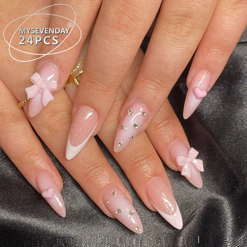 Kawaii Pink Bow French Nail Art - 24PC Almond Press-On Nails 🎀💅✨