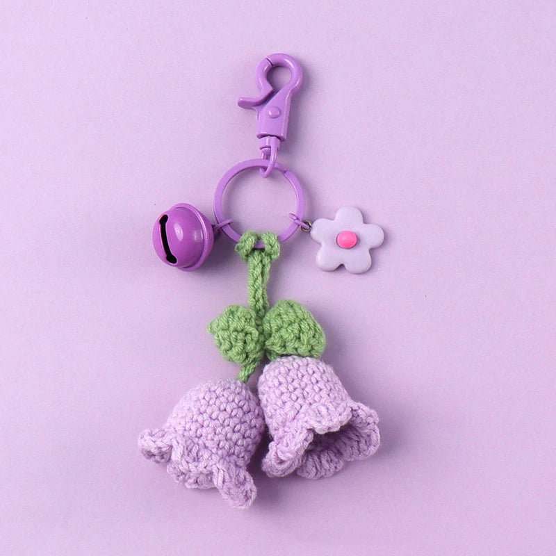 Fluffy Knitted Flower Keychain With Bell 🔔 Crocheted Wool Bag Charm For Women