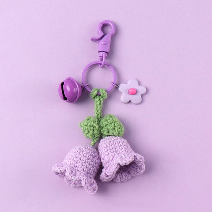 Fluffy Knitted Flower Keychain With Bell 🔔 Crocheted Wool Bag Charm For Women