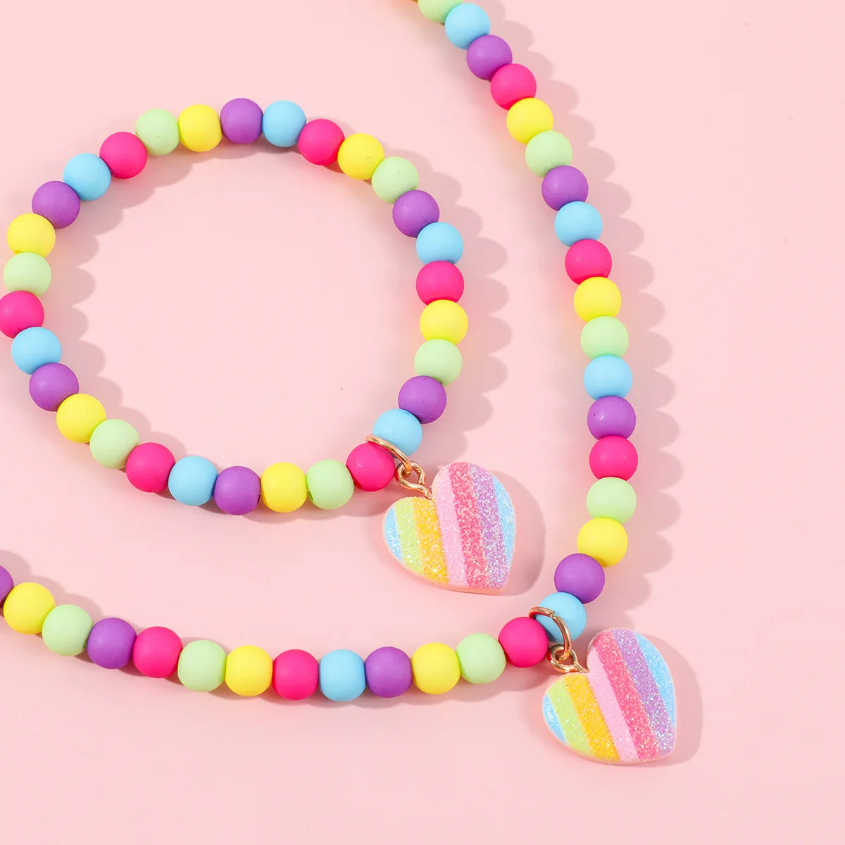 Kawaii Heart Charm Necklace & Bracelet Set 🎀💖 | Adorable Children's Jewelry Gift with Colorful Beads for Girls 🌈✨