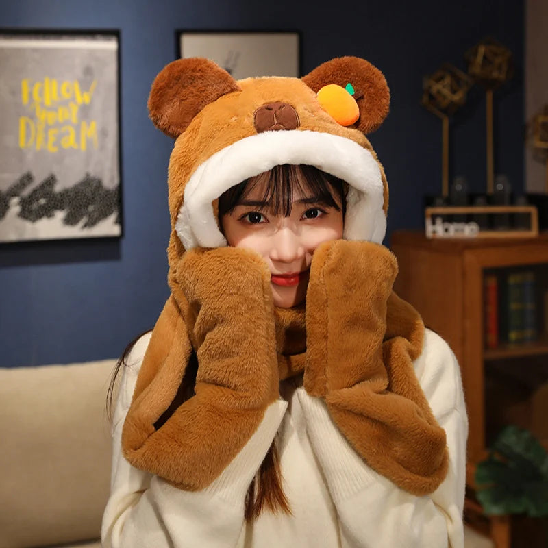 Kawaii Capybara Plush 3-in-1 Hat, Scarf & Gloves 🦙✨ Super Soft & Cozy Christmas Gift for Kids! 🎄💖