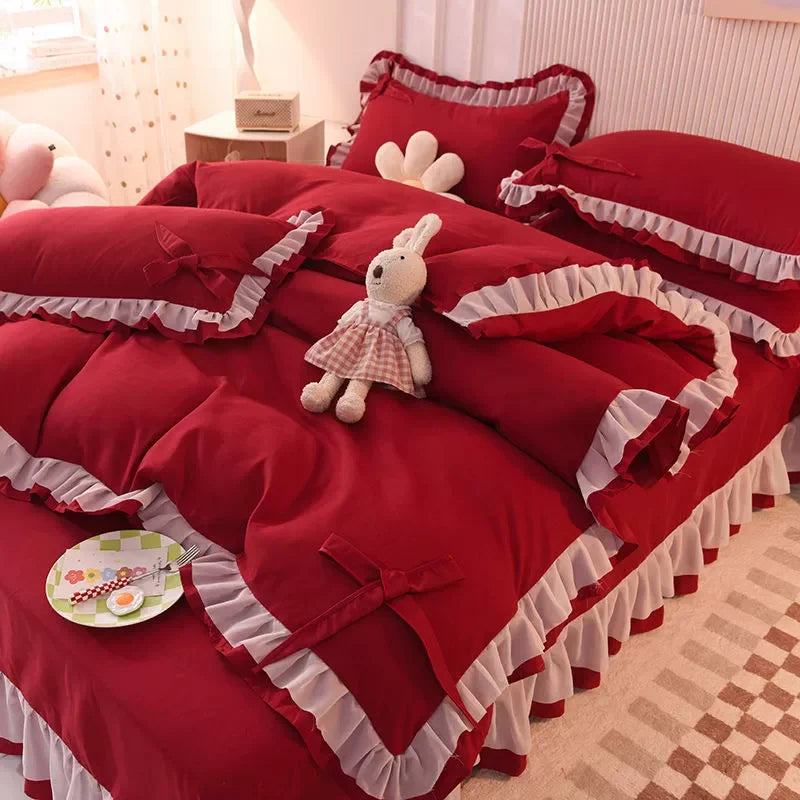 🌟 Kawaii Green Seersucker Bedding Set 🌙 4-Piece Princess Duvet & Pillowcase - Cute Home Decor! 🛏️💚