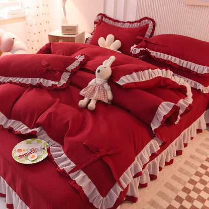 🌟 Kawaii Green Seersucker Bedding Set 🌙 4-Piece Princess Duvet & Pillowcase - Cute Home Decor! 🛏️💚