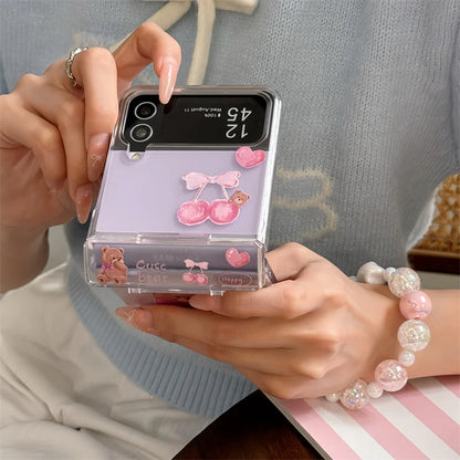 🐻✨ Adorable Bear Hinge Phone Case for Samsung Galaxy Z Flip 6/5/4/3 - Clear Cover with Chain Strap! 🌈💖