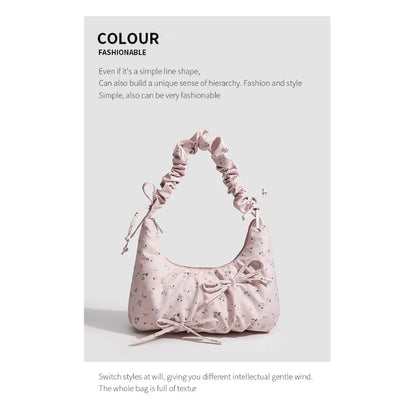 Kawaii Floral Canvas Rouched Handbag with Bow Decoration🌸✨