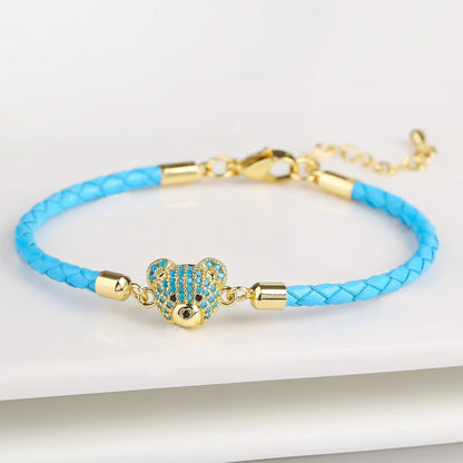 🐻✨ Adorable Bear Zirconia Charm Bracelet - 6 Color Adjustable Leather Rope for Everyone! 🎉🎈