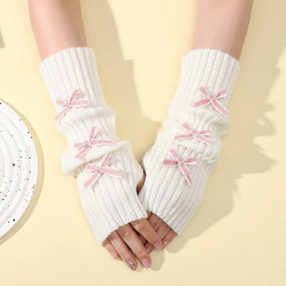 Y2K Bow Fingerless Gloves For Women Knit Arm Warmers Hands Free Winter 😺🧶❄️