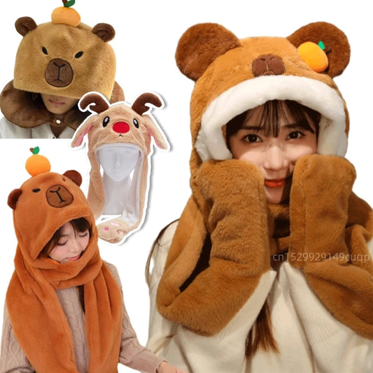 Kawaii Capybara Plush 3-in-1 Hat, Scarf & Gloves 🦙✨ Super Soft & Cozy Christmas Gift for Kids! 🎄💖