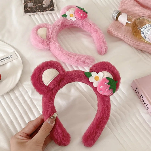 Kawaii Strawberry Bear Plush Hairband 🎀✨ Cute Face Wash Headband for Women & Girls! 🍓💖