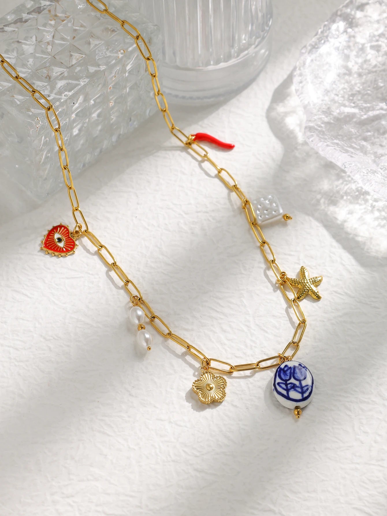 Enchanting Tulip Ceramic Pendant Necklace With Pearl Eye Flower Starfish Charm In Stainless Steel Women Jewelry 💎🌷🐚