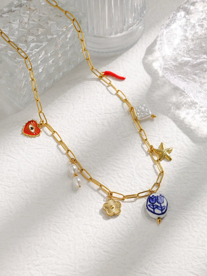 Enchanting Tulip Ceramic Pendant Necklace With Pearl Eye Flower Starfish Charm In Stainless Steel Women Jewelry 💎🌷🐚