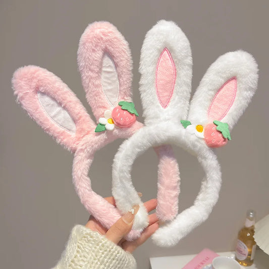 Kawaii Plush Strawberry Rabbit Ear Headband 🌸💖 Cute Fashion Accessory for Women & Girls – Perfect for Parties & Face Washing!