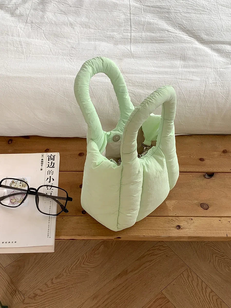 Kawaii Cozy Nylon Puff Tote 👜✨ | Mini Designer Handbag for Winter Fun ❄️💖 | Stylish Shoulder & Crossbody Bag with Chains