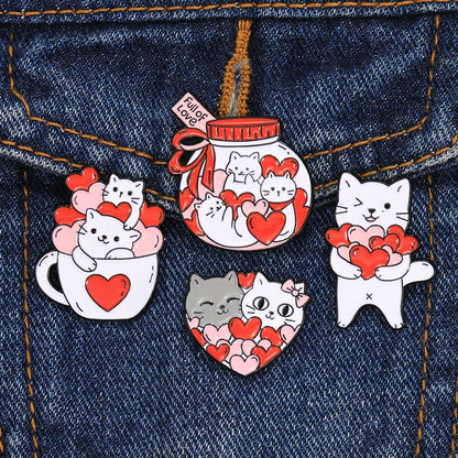 Charming Kawaii Cat Love Enamel Pins - Adorable White Kitten Heart Brooches for Pet Lovers 💖🐾✨