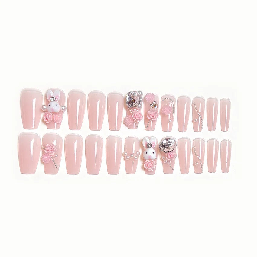 Kawaii Bunny Blossom 🌸✨ 24pcs Pink Flower Rhinestone Coffin Press-On Nails - Acrylic Nail Art for a Cute Touch! 🐰💖