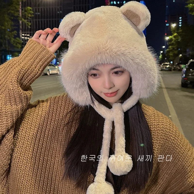 Cozy Bear Ear Beanie Knit Hat For Women Winter Warmth Plush Polyester 🧸