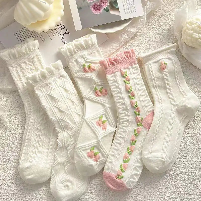 Ruffled White Socks Set 🌸👣 - 5 Pairs of Sweet Cotton Cuties for Spring & Summer! 💖 - Pixie Quill