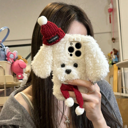 Kawaii Plush Puppy Hat & Scarf Phone Case for iPhone 16 Pro Max 🐶✨ Cute & Cozy Cell Phone Accessory!