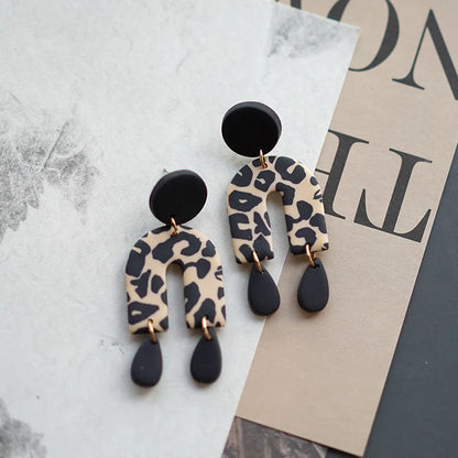 Leopard Pattern Polymer Clay Earrings Set 🐆 Multi Shapes Black White Drops ✨
