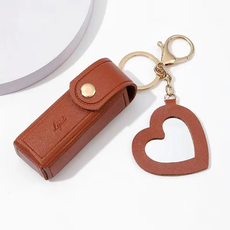 Kawaii Leather Lipstick Keychain Pouch 💄✨ - Cute Makeup Holder with Mirror & Zipper Closure! 👜💕