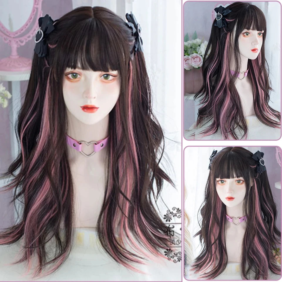 Kawaii Long Black & Red Wavy Wig 💖✨ - Cosplay & Daily Use with Bangs 🎀 | Harajuku Style!