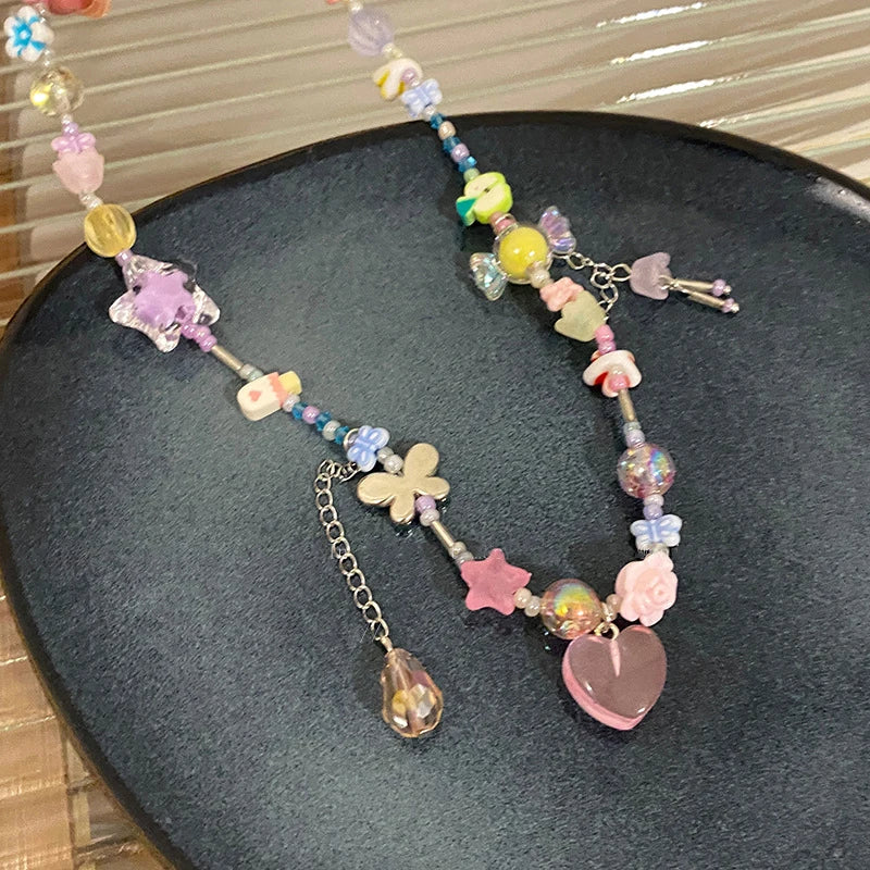 Kawaii Heart & Butterfly Choker Necklace 🌈✨ | Y2K Aesthetic Punk Jewelry for Girls 💖🎀