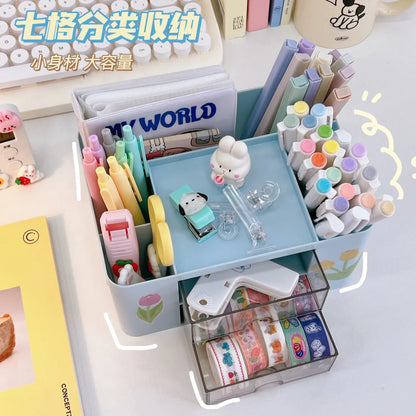Kawaii Desktop Pen Holder 🌈✨ Cute Storage Box with Drawer for Office & School Supplies 🖊️📏