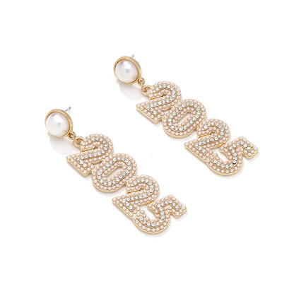 Kawaii 2025 Number Stud Earrings 🌟✨ Cute Long Rhinestone & Pearl Accents for Women 🎉 Perfect Gift for Friends & Family! 🌈