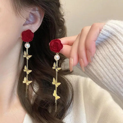 Charming Wine Red Bow Pearl Tassel Earrings 🎀🌟 | Kawaii 2024 Bridal Jewelry ✨