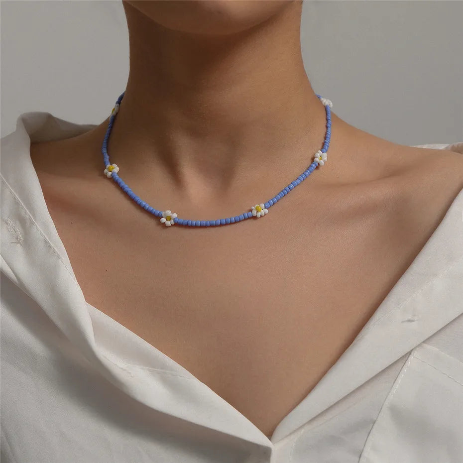 🌈 Boho Chic Rainbow Seed Beads Choker 🌸 Kawaii Floral Necklace for Women ✨ Trendy Korean Fashion Jewelry