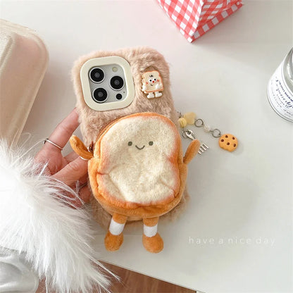 Kawaii Plush Bread Change Purse Phone Case for iPhone 16/15/14/13 Pro Max 🍞💖 Shockproof & Adorable Cartoon Design!