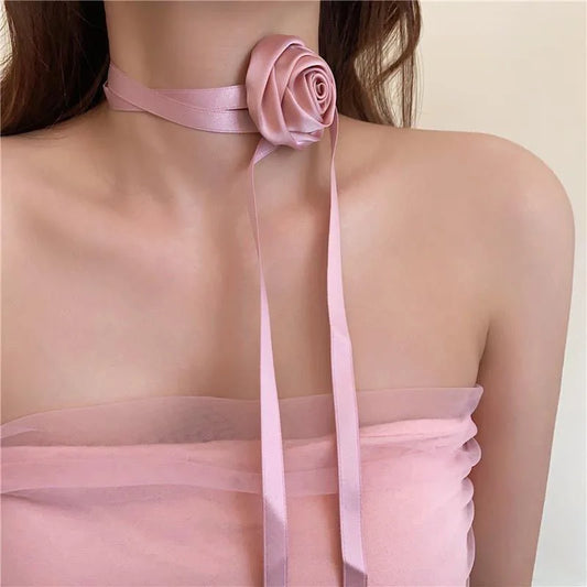 Sweet Satin Rose Necklace With Long Ribbon Chain In Black Pink White 🌹🎀