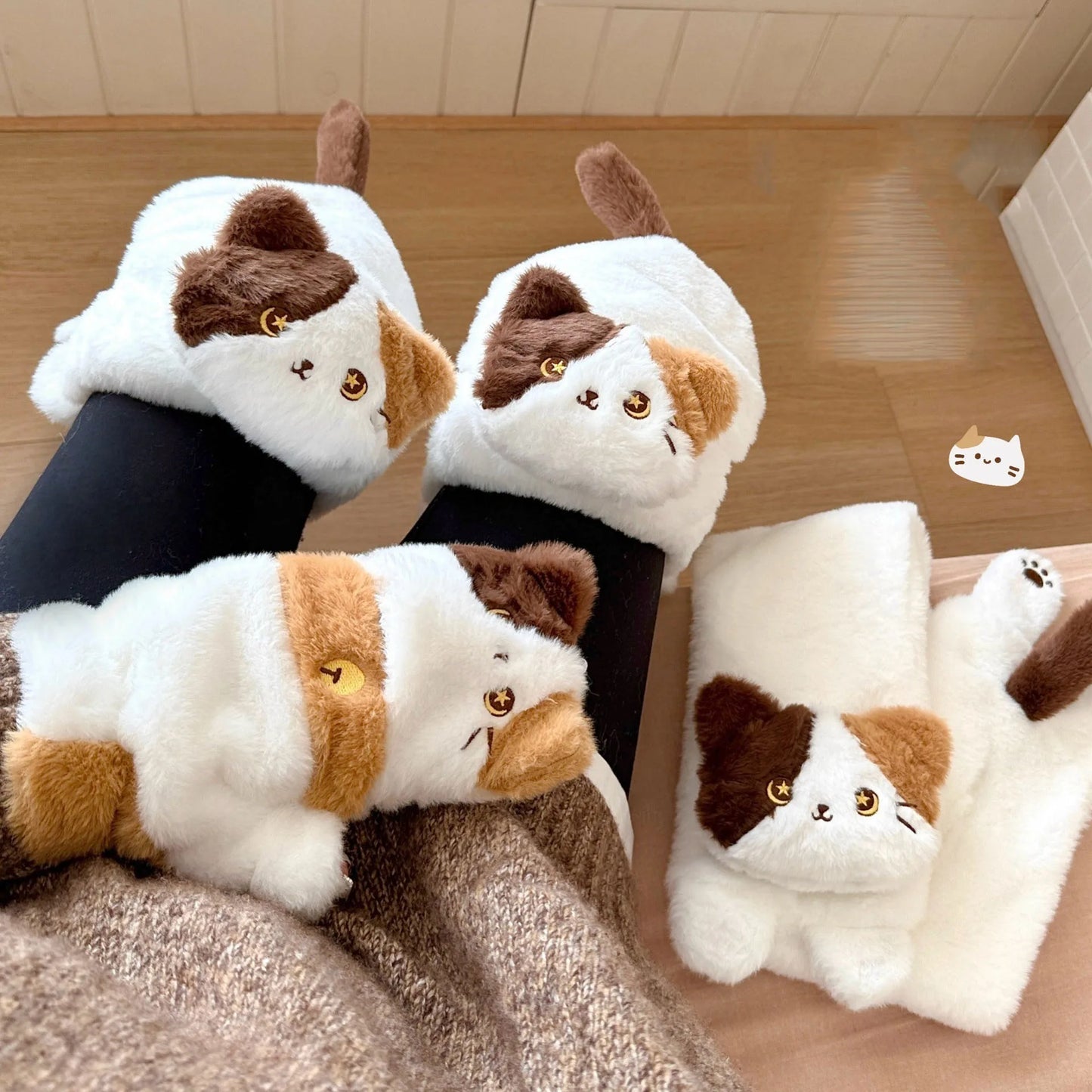 Winter Cute Cat Gloves Scarf Windproof Knee Protector Set Outdoor Warm Small Scarf
