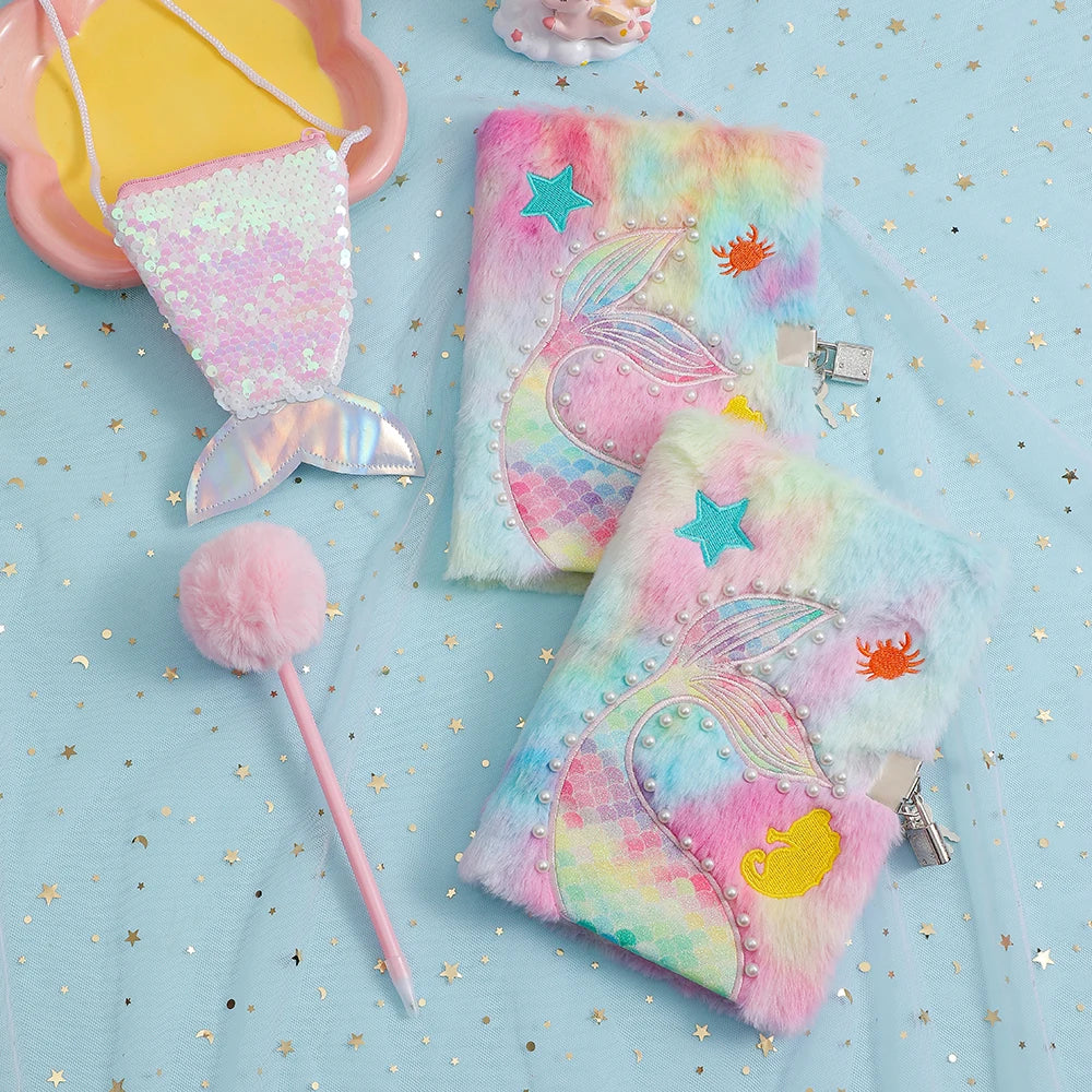 Kawaii Mermaid Plush Stationery Set 🧜‍♀️✨ - Fishtail Notebook, Cute Ballpoint Pen & Crossbody Bag for School & Office Supplies! 🌟📚🎒