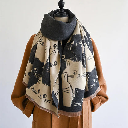 Cat Print Jacquard Scarf For Women Warm Winter Shawl 175cm Long 🐾