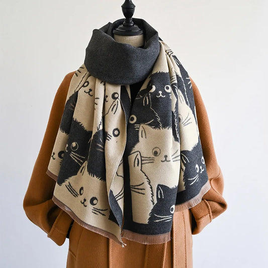 Cat Print Jacquard Scarf For Women Warm Winter Shawl 175cm Long 🐾
