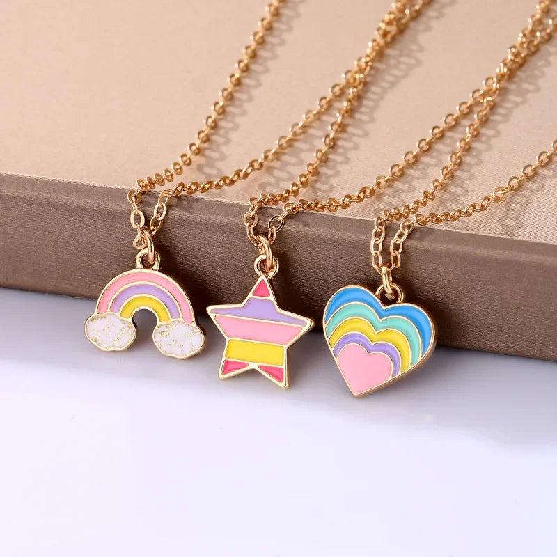 Kawaii 3Pcs Rainbow Star & Heart Necklace Set 🌈💖 for BFFs – Trendy Gifts for Girls!