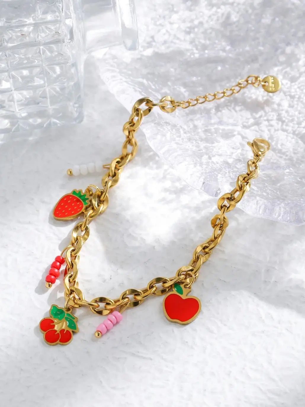 Sweet Charm Bracelet Strawberry Apple Cherry Natural Stone Pendant Jewelry Cute Accessory Girls Gift Party 🍓🍎🍒
