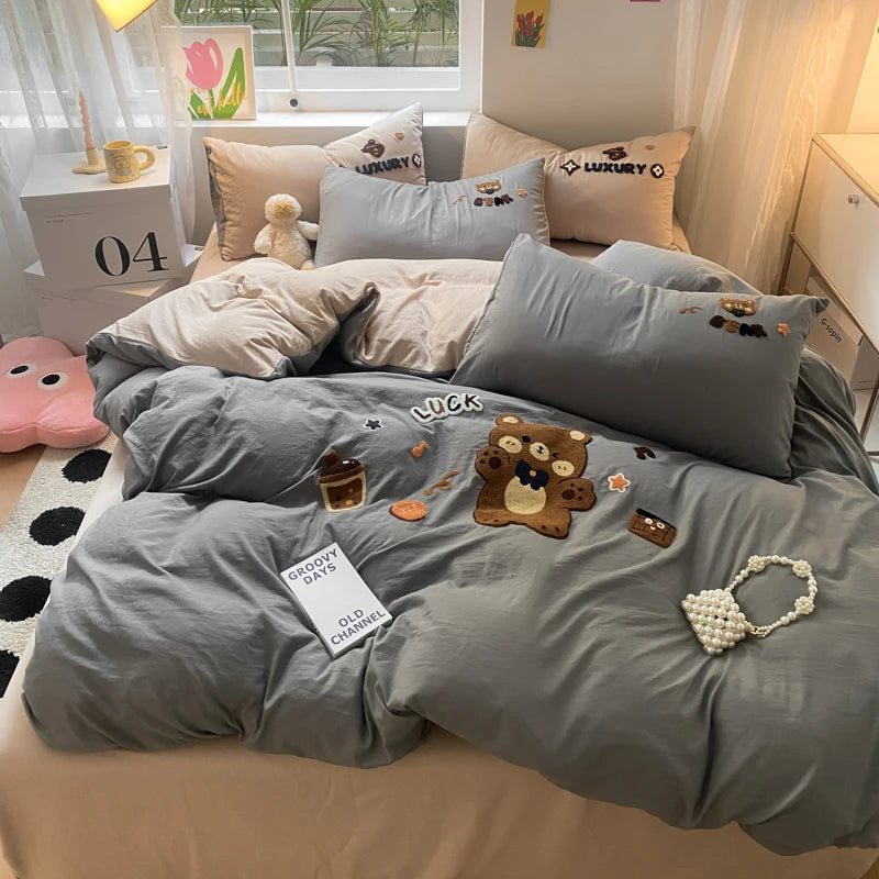 Kawaii Milk Tea Cartoon Duvet Set ☕✨ Plush Bedding for Girls 🛏️💕