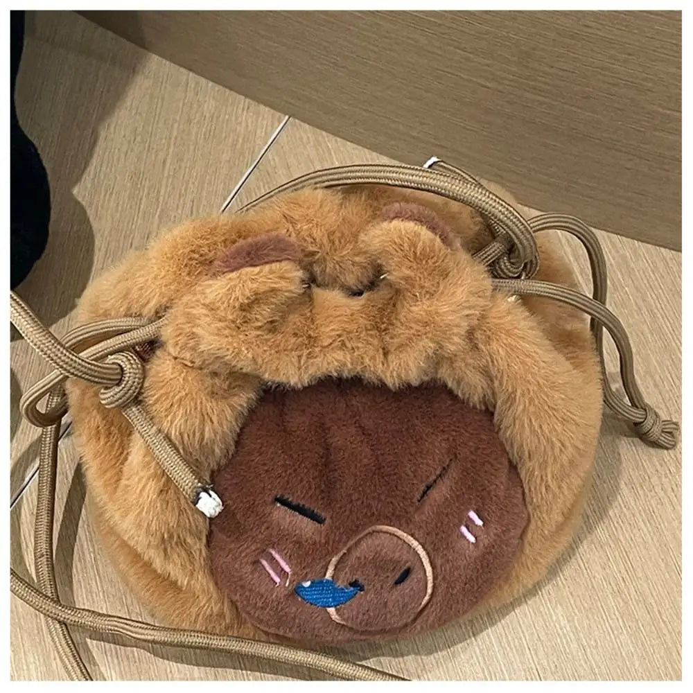 Kawaii Capybara Plush Crossbody Bag 🐾✨ | Cute Drawstring Bucket Pouch for Phone & Coins 🎒💖