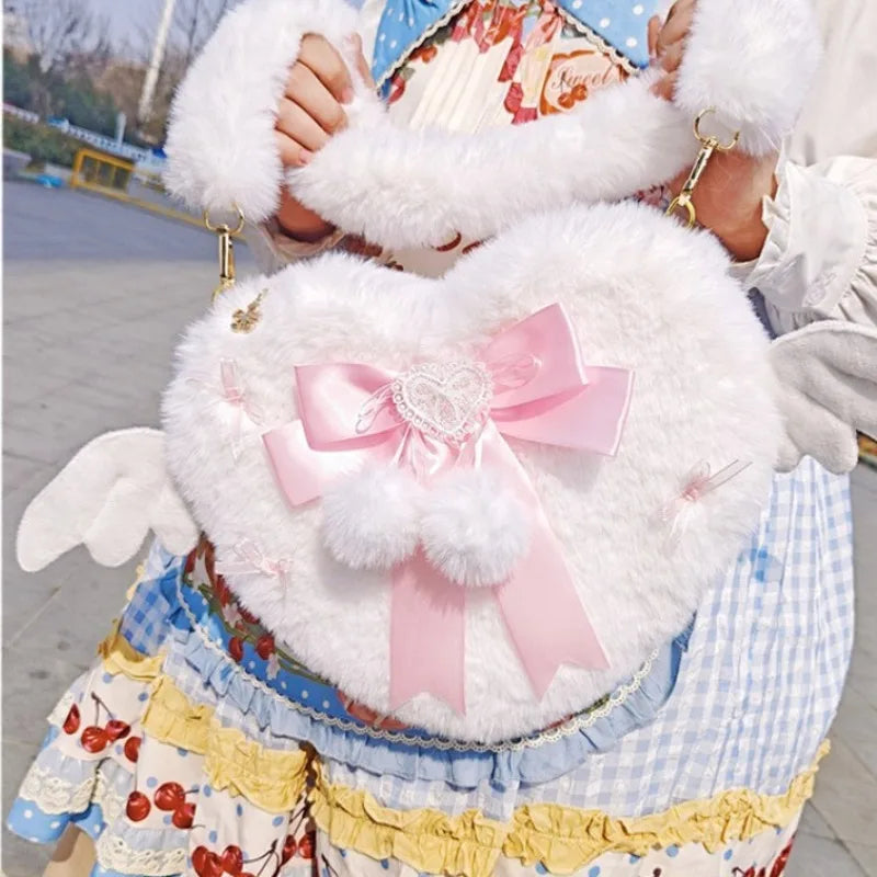 Kawaii Plush Heart Shoulder Bag 💖✨ | Fluffy Bow Armpit Bag 👜 | Cute Winged Lolita Aesthetic Fashion