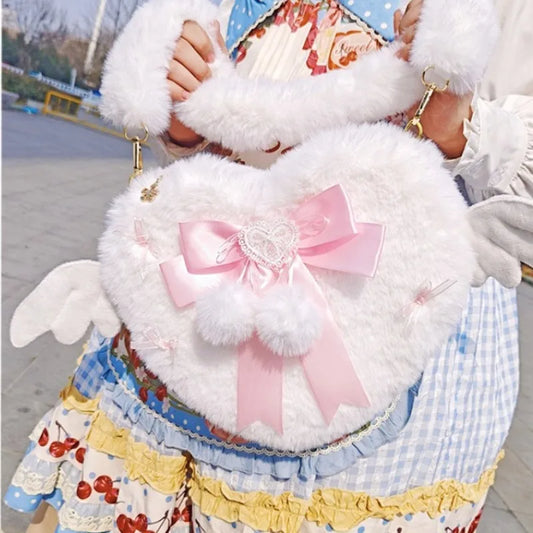 Kawaii Plush Heart Shoulder Bag 💖✨ | Fluffy Bow Armpit Bag 👜 | Cute Winged Lolita Aesthetic Fashion