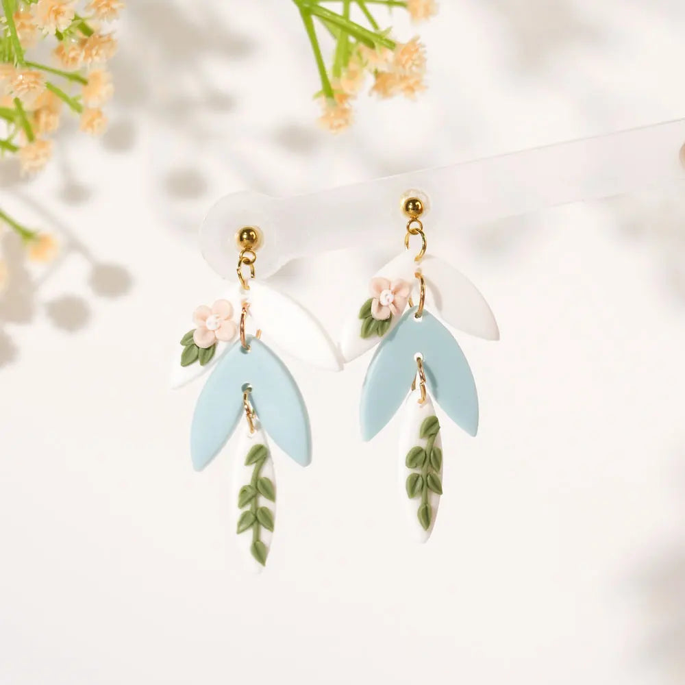 3D Handmade Flower Leaf Polymer Clay Drop Earrings In Green Blue Collision Color For Women Jewelry Gifts 🌿💙🌸