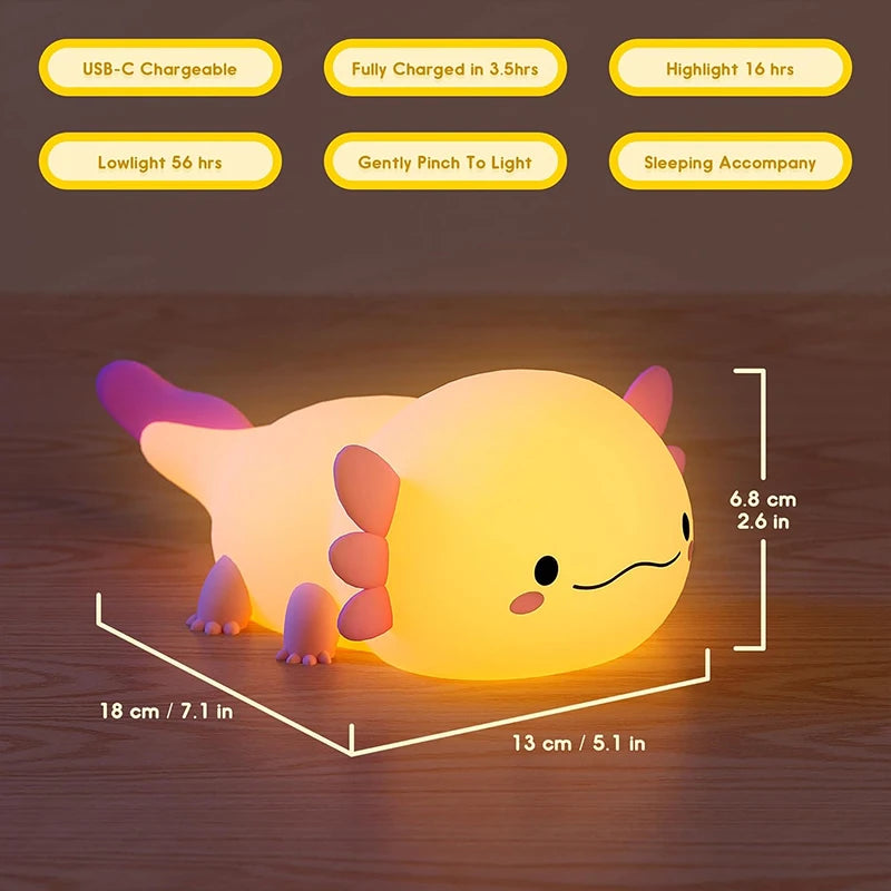 Kawaii Axolotl Touch Night Light 🌟💕 - USB Rechargeable Silicone Baby Lamp 🦑✨