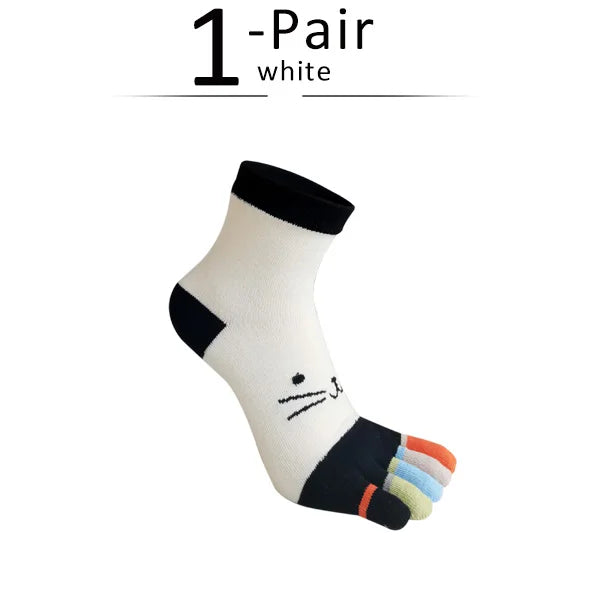 Kawaii Cat Cartoon Five Finger Socks 🐾🎨 | Soft & Colorful Women's Toe Socks for All Seasons 🌈✨