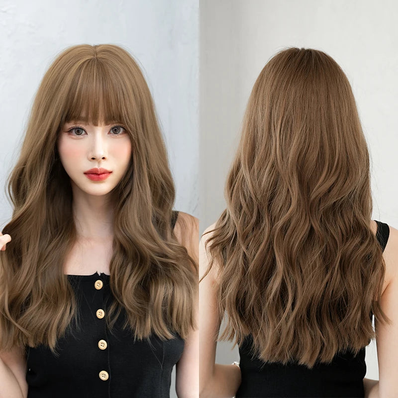 Kawaii Dreamy Sakura Pink Wavy Wig 🌸✨ | High-Density Curly Hair with Bangs for Sweet Girls 💖🎀