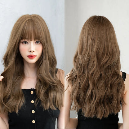 Kawaii Dreamy Sakura Pink Wavy Wig 🌸✨ | High-Density Curly Hair with Bangs for Sweet Girls 💖🎀