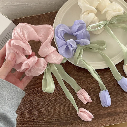 Charming Tulip Bow Scrunchies 🌸✨ Cute Hair Ties for Stylish Girls! 🎀💖 - Pixie Quill