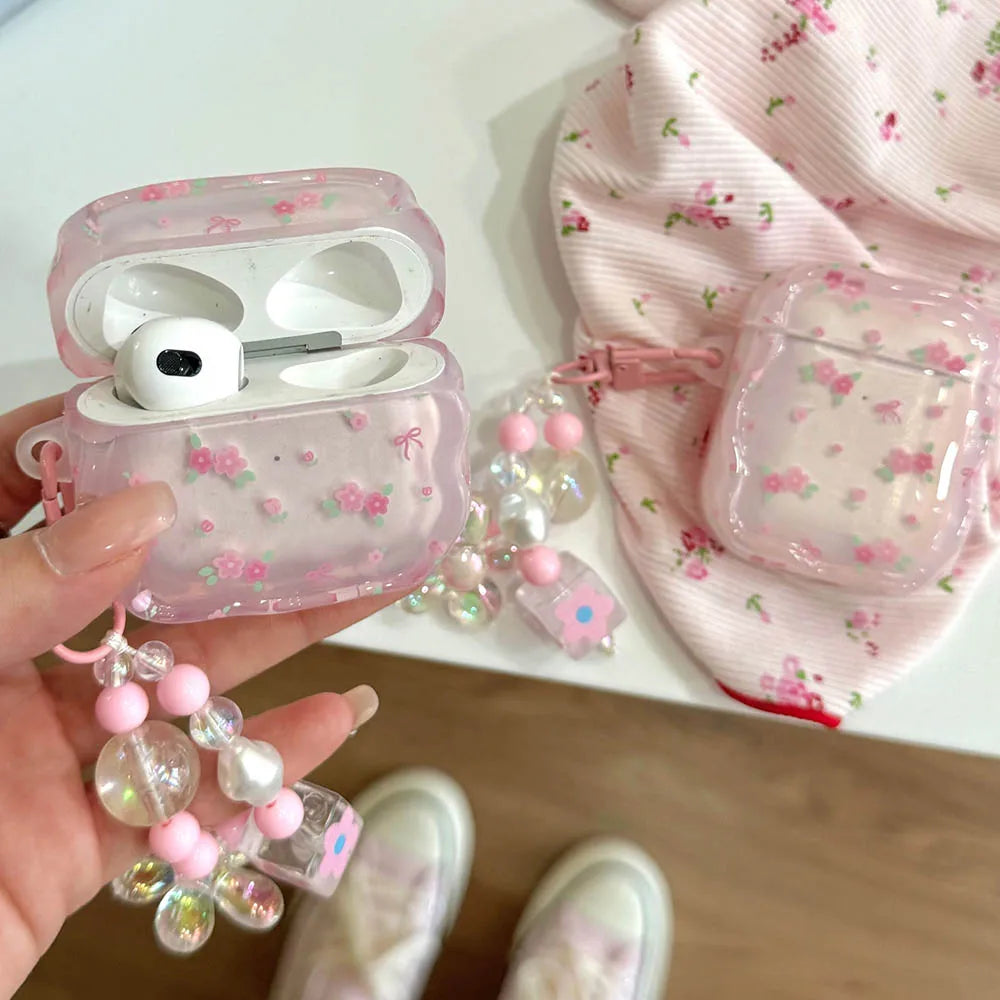 Cute Pink Flower Pattern Headphones Case For Airpods Pro 2nd 3rd Generation Soft Cover For AirPods 1 2 3 With Pearl Keychain - Pixie Quill